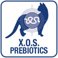 Sagoma gatto blu con intestino stilizzato e scritta “X.O.S. Prebiotics”, supporto al microbiota intestinale felino