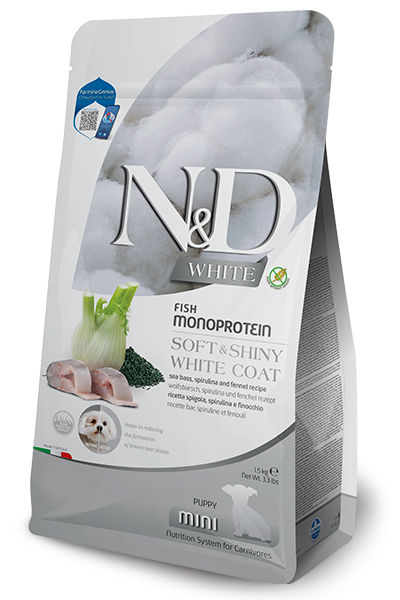 Sacchetto da 1,5 kg di alimento secco N&D White Pesce per cani cuccioli a mantello chiaro