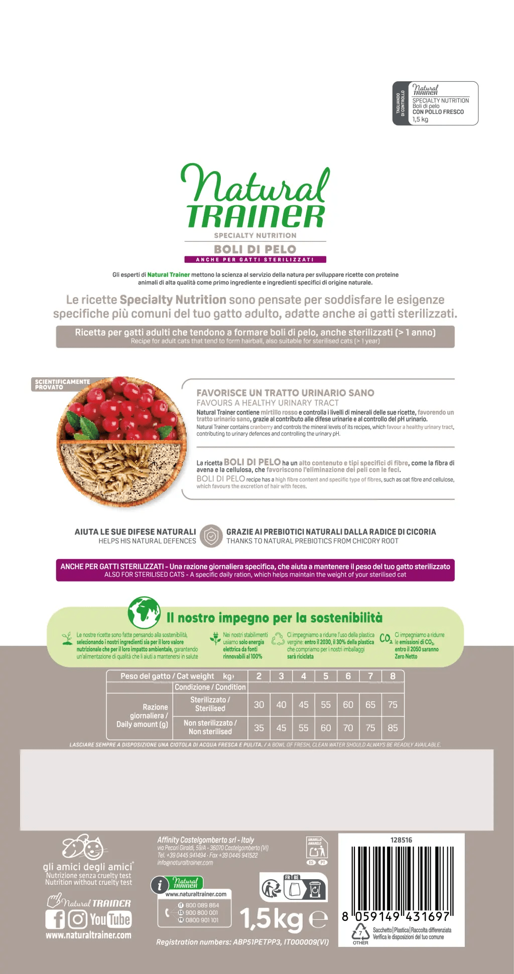 Natural Trainer Gatto Boli di Pelo con Pollo Fresco 1,5kg2