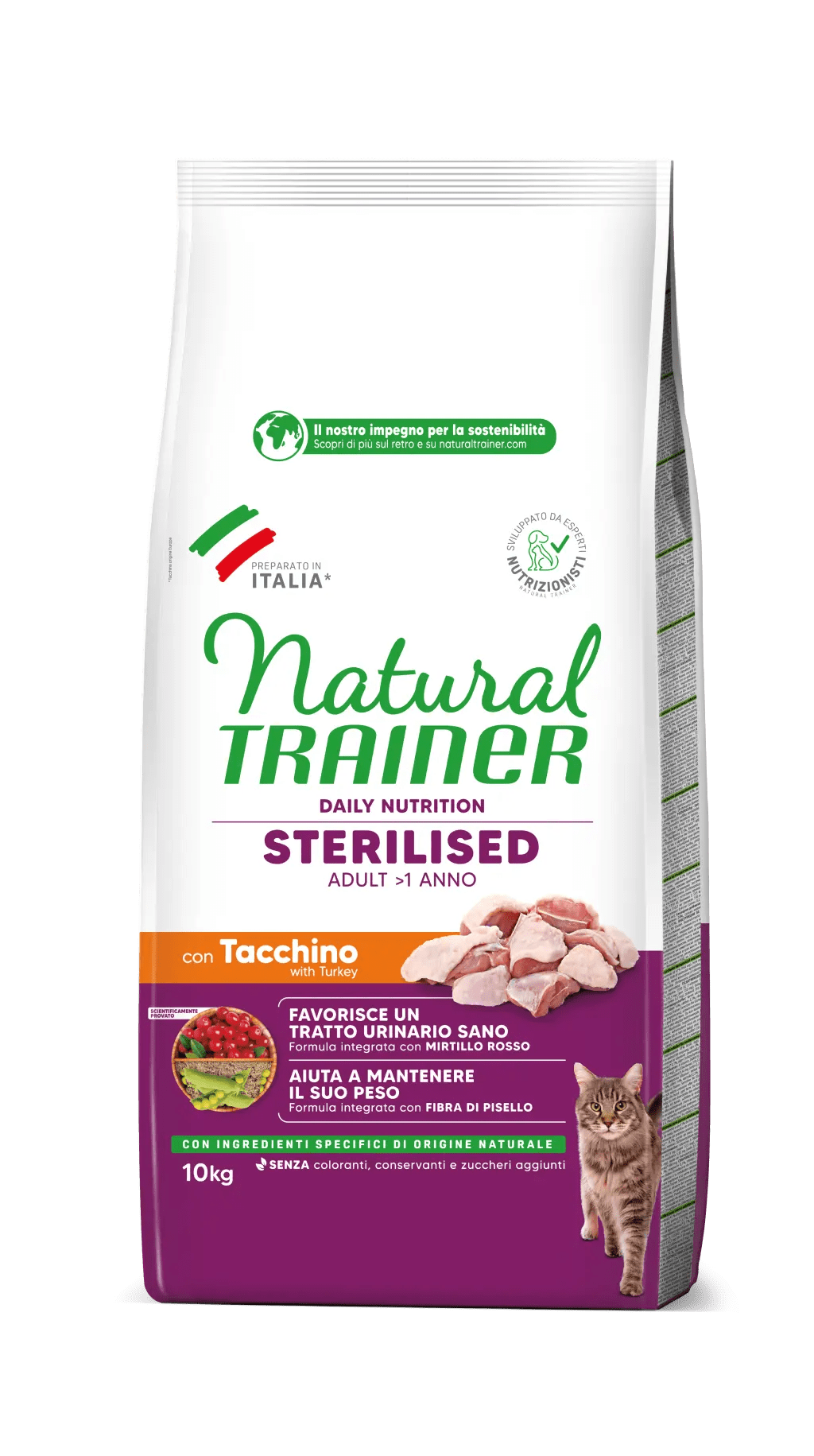 Natural Trainer secco gatto sterilizzato 10kg con tacchino, mirtillo rosso e ingredienti naturali per controllo peso