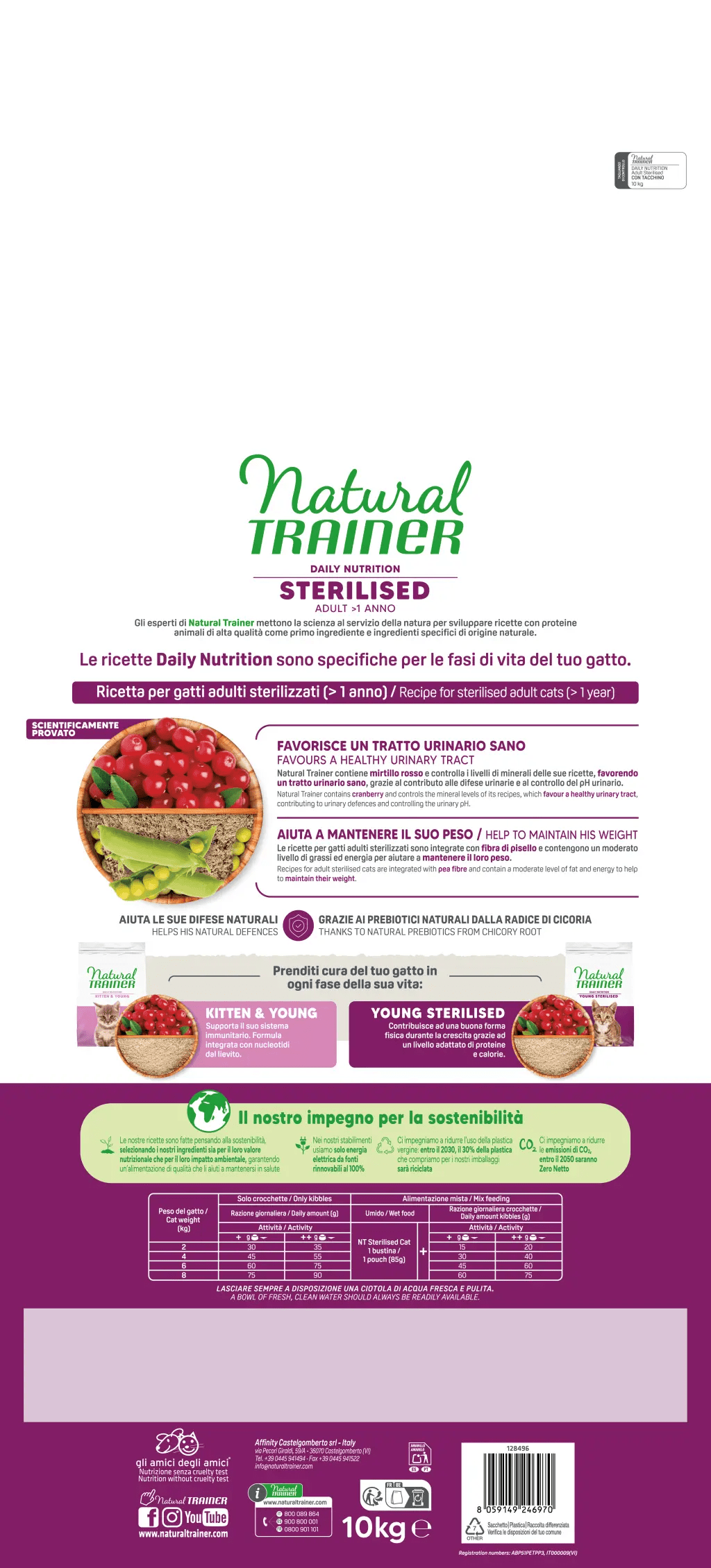 Natural Trainer secco gatto sterilizzato 10kg con tacchino, mirtillo rosso e ingredienti naturali per controllo peso