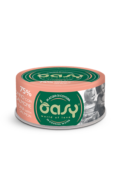 Oasy umido gatto adulto 70g tonno con salmone in acqua di cottura, alimento complementare naturale monodose