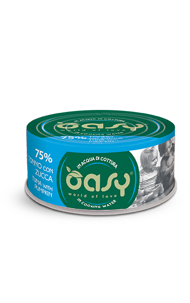 Oasy umido gatto adulto 70g con tonno e zucca, ideale come complemento naturale senza glutine