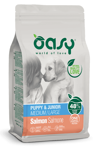 Alimento secco Oasy One Animal Protein Puppy & Junior Medium/Large Salmone 12 kg per cuccioli di taglia media o grande