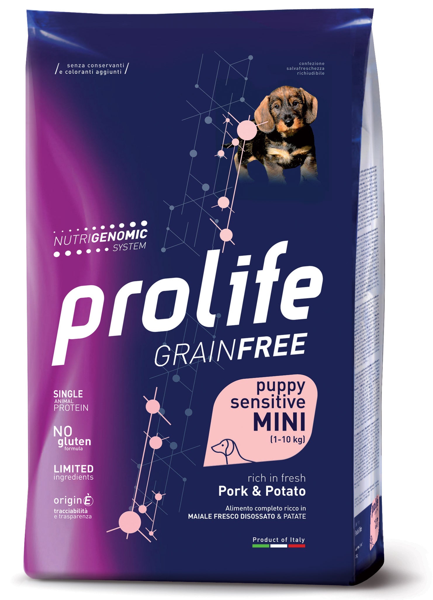 Crocchette Prolife Grain Free Puppy Sensitive Maiale e Patate Mini 7 kg per cuccioli di taglia piccola