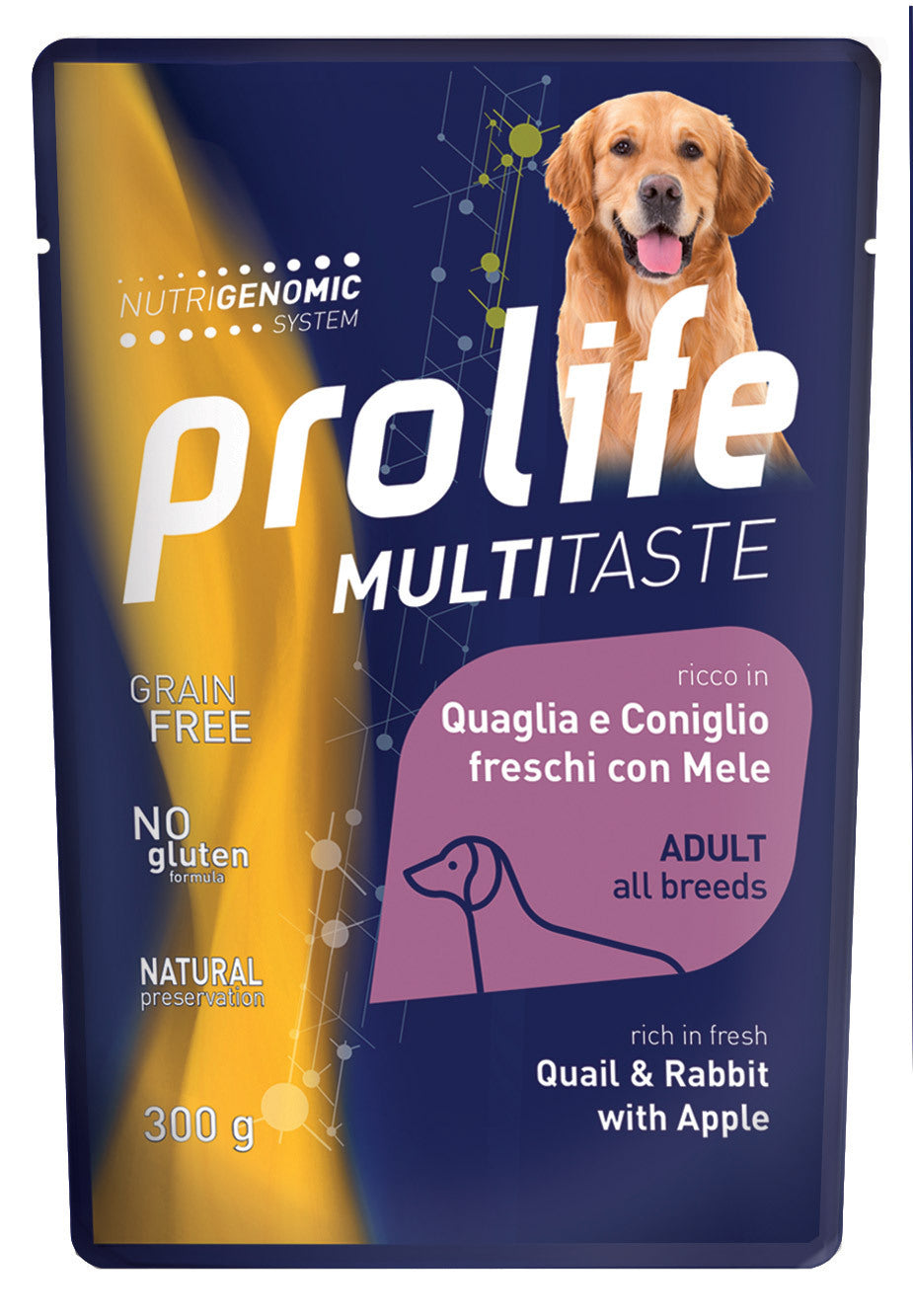 Alimento umido Prolife Multitaste Quaglia e Coniglio con Mele 300 g per cani adulti