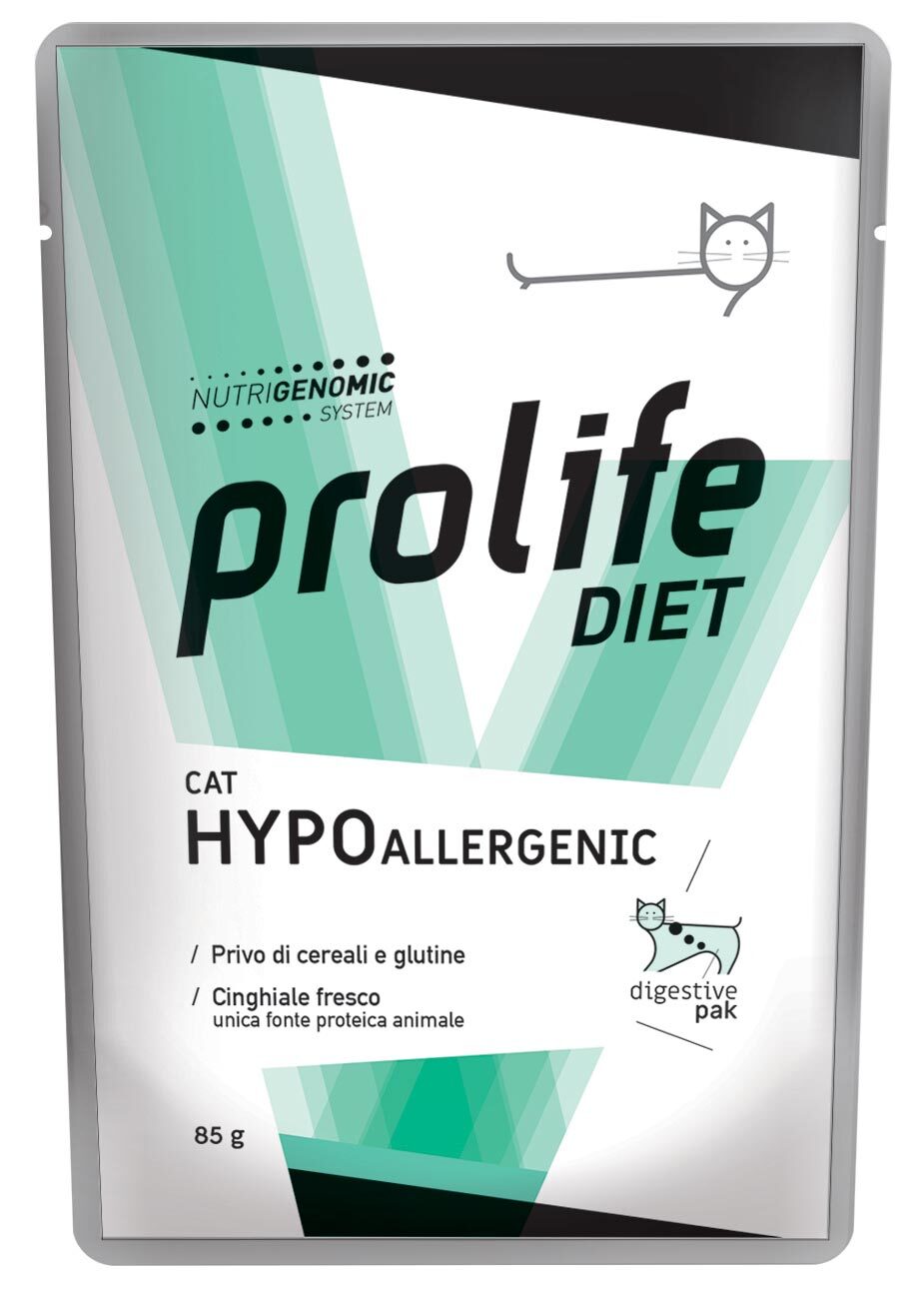Prolife umido per gatto adulto 85g hypoallergenic al cinghiale in busta verde e bianca verticale