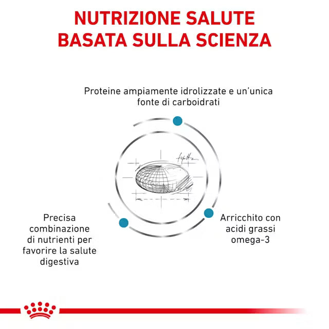 Infografica dei benefici nutrizionali dell’alimento secco Royal Canin Hypoallergenic per cani