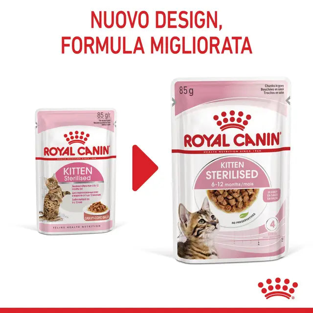 Confronto nuovo pack Royal Canin Kitten Sterilised umido gatto 85g e formula migliorata
