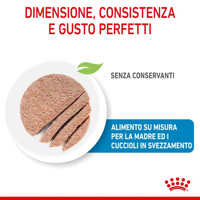 Prodotti in gamma Royal Canin per le prime fasi di crescita, su fondo bianco