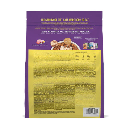 Retro confezione Schesir Born Carnivore Adulto Pollo Aringa Salmone 1,25kg con lista ingredienti e valori analitici
