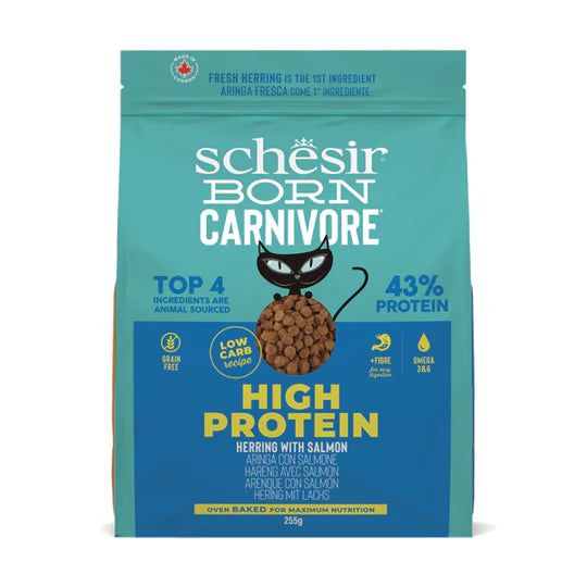 Crocchette Schesir Born Carnivore gatto adulto 255g con aringa e salmone, alto contenuto proteico