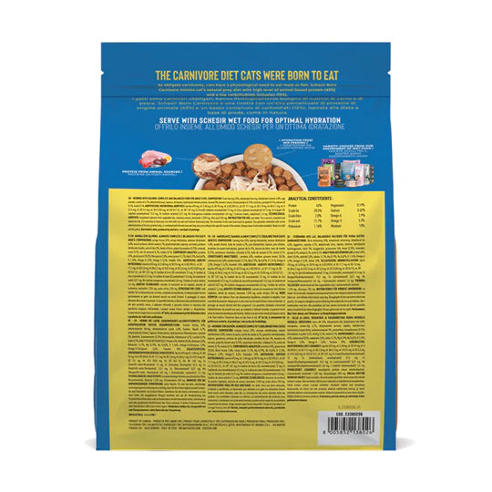 Retro confezione Schesir Born Carnivore gatto adulto 255g aringa e salmone con valori nutrizionali