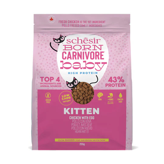 Confezione frontale Schesir Born Carnivore Kitten Pollo Uovo Secco 255g con pollo fresco come primo ingrediente