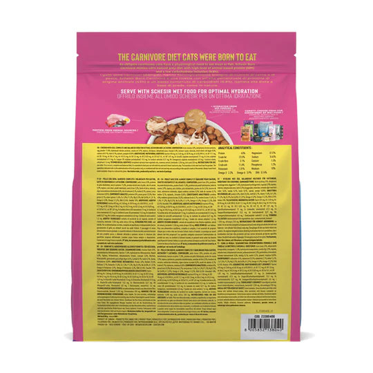 Retro confezione Schesir Born Carnivore Kitten Pollo Uovo Secco 255g con ingredienti e valori nutrizionali