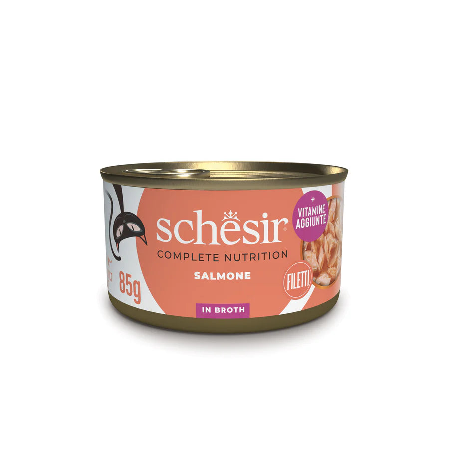 Schesir umido gatto adulto 85g con salmone in brodo, alimento completo in filetti naturali