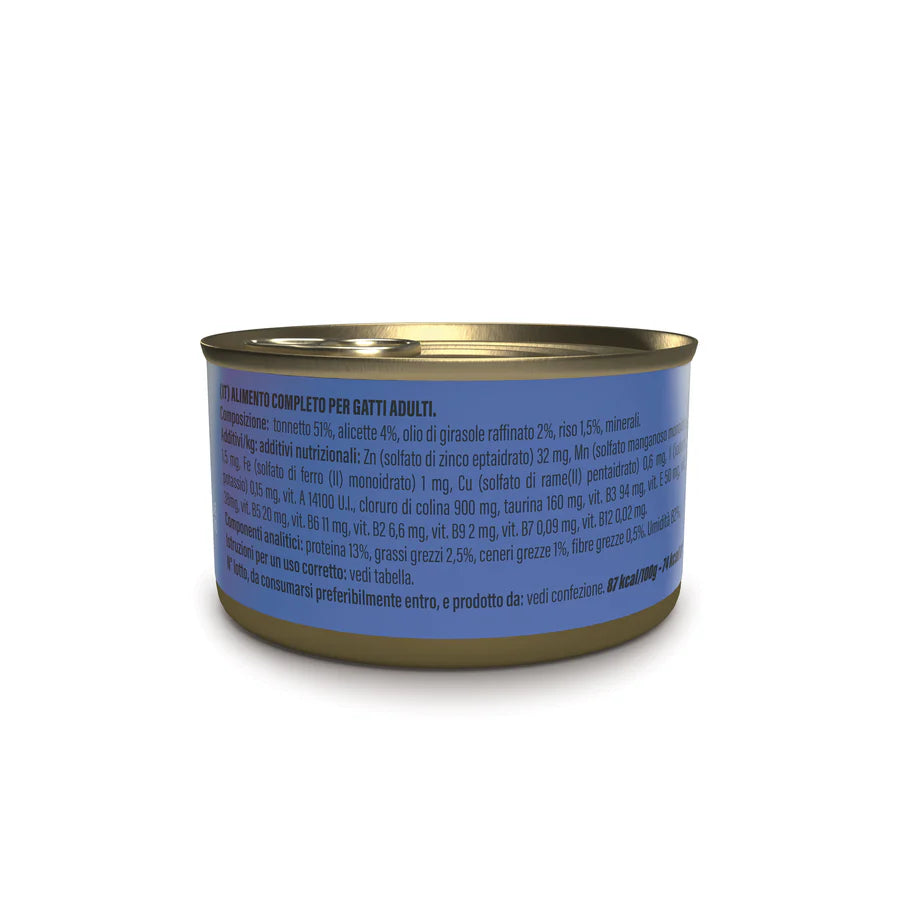 Etichetta laterale Schesir tonnetto alicette 85g, con composizione ingredienti e valori nutrizionali