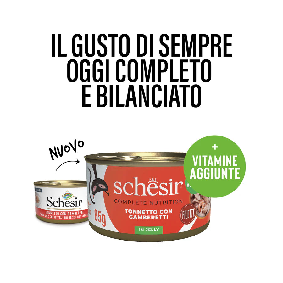 Confronto nuova e vecchia lattina Schesir tonnetto gamberetti, con claim vitamine aggiunte