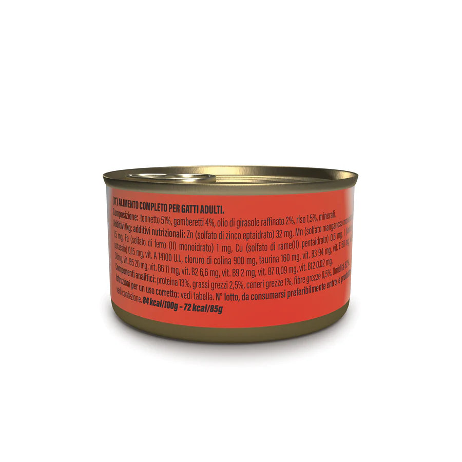 Etichetta laterale Schesir tonnetto con gamberetti 85g, con composizione e analisi nutrizionali