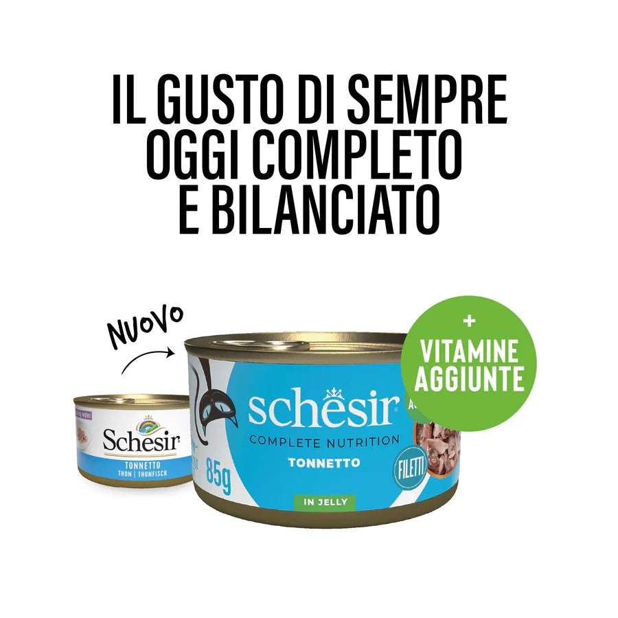 Confronto nuova e vecchia lattina Schesir tonnetto in jelly con claim vitamine aggiunte