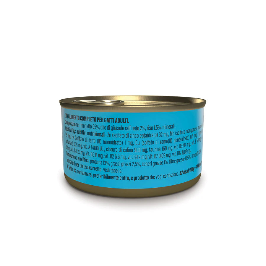 Etichetta laterale Schesir tonnetto 85g, con composizione, analisi nutrizionali e valori energetici