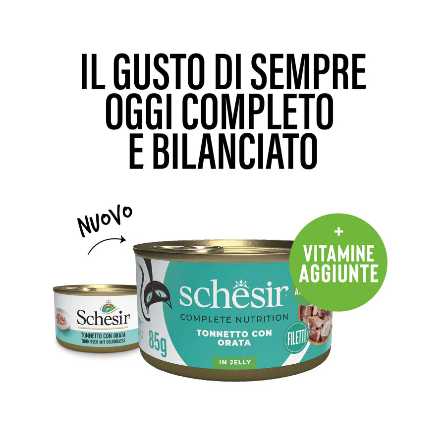 Confronto nuova e vecchia lattina Schesir tonnetto con orata, con claim vitamine aggiunte ben visibile