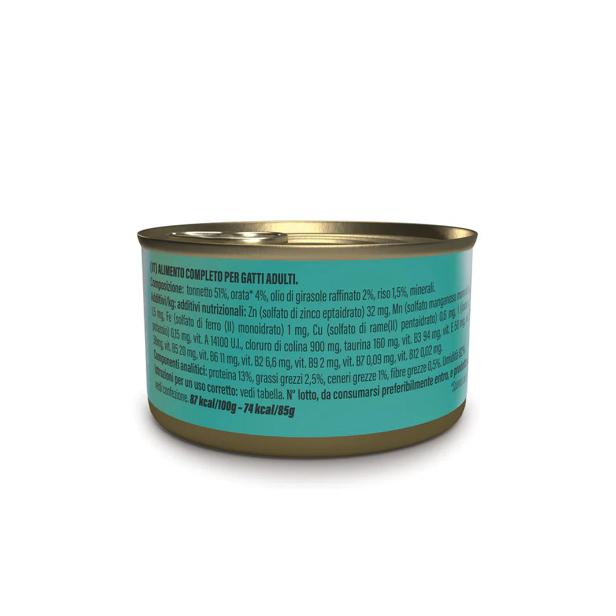 Etichetta laterale Schesir tonnetto orata 85g, con composizione, analisi nutrizionali e calorie per 100g