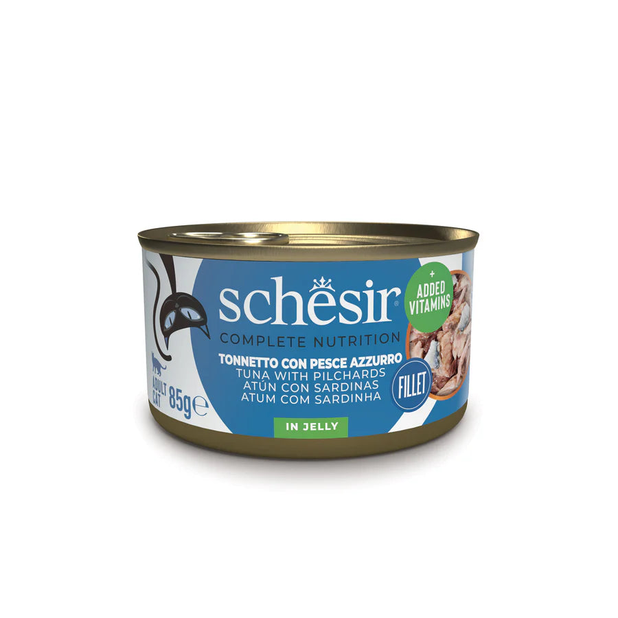 Schesir umido completo gatto adulto 85g con tonnetto e sardine, confezione blu e verde