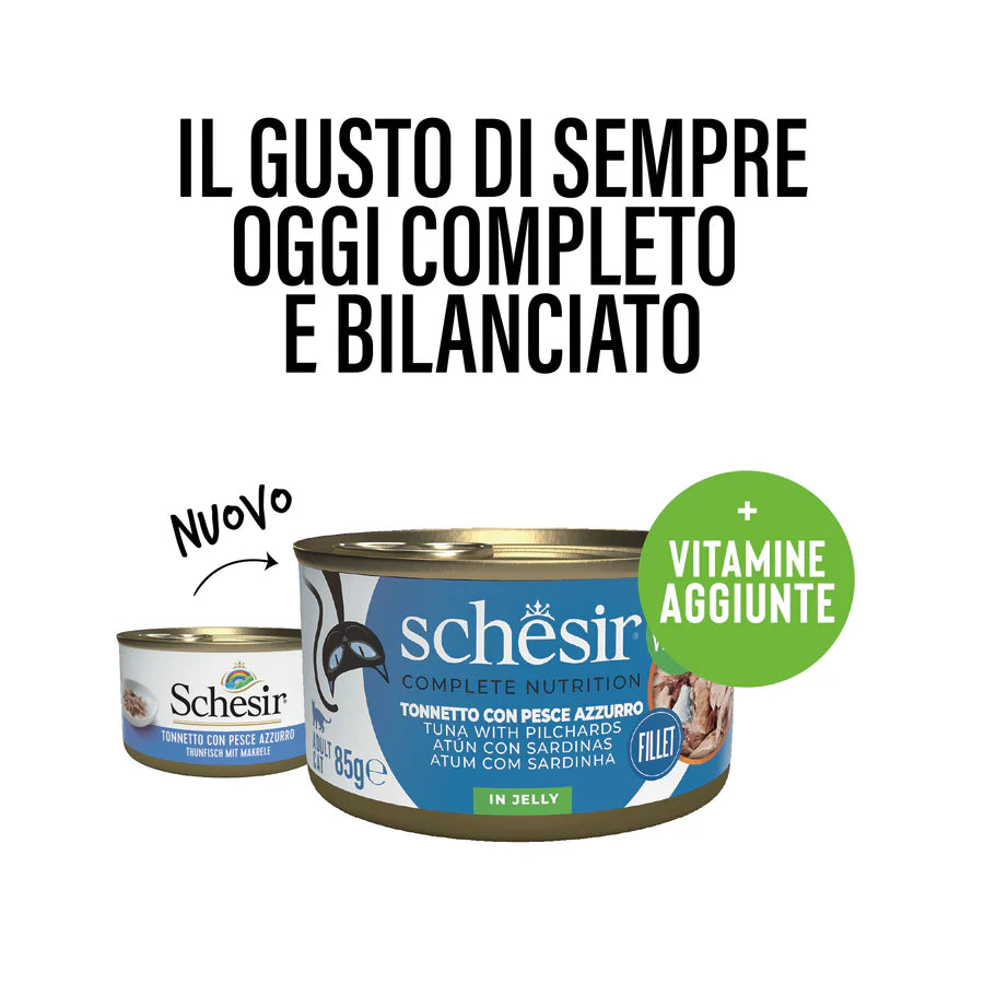Schesir nuovo umido gatto 85g tonnetto con pesce azzurro, con vitamine aggiunte in evidenza