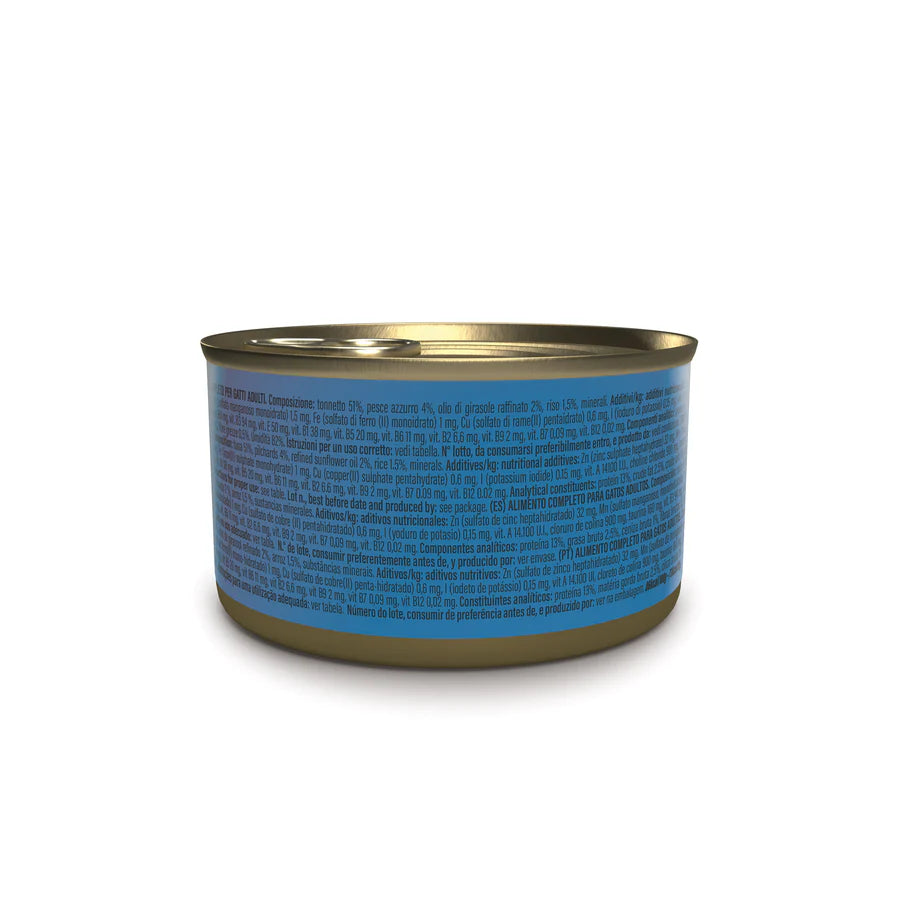 Schesir umido gatto adulto 85g in gelatina con tonnetto e sardine, etichetta nutrizionale blu