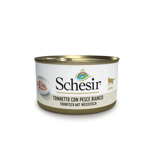 Schesir umido gatto adulto 85g tonnetto con pesce bianco in gelatina, in lattina bianca compatta