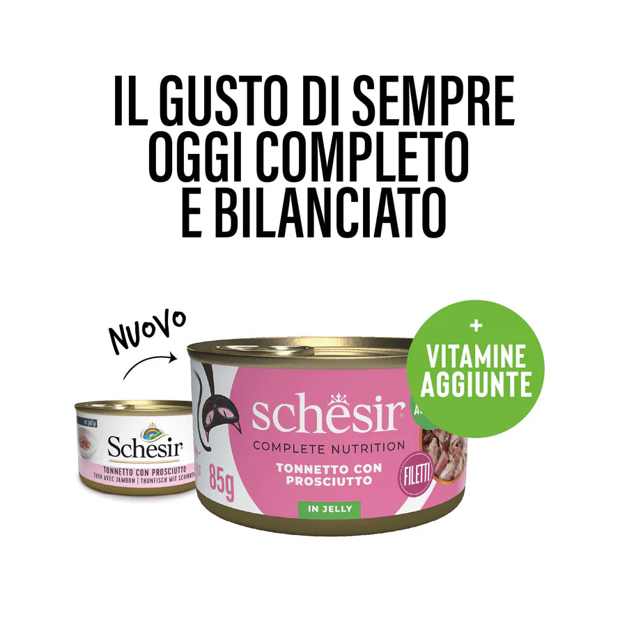 Confronto nuova e vecchia lattina Schesir tonnetto prosciutto 85g con claim vitamine aggiunte