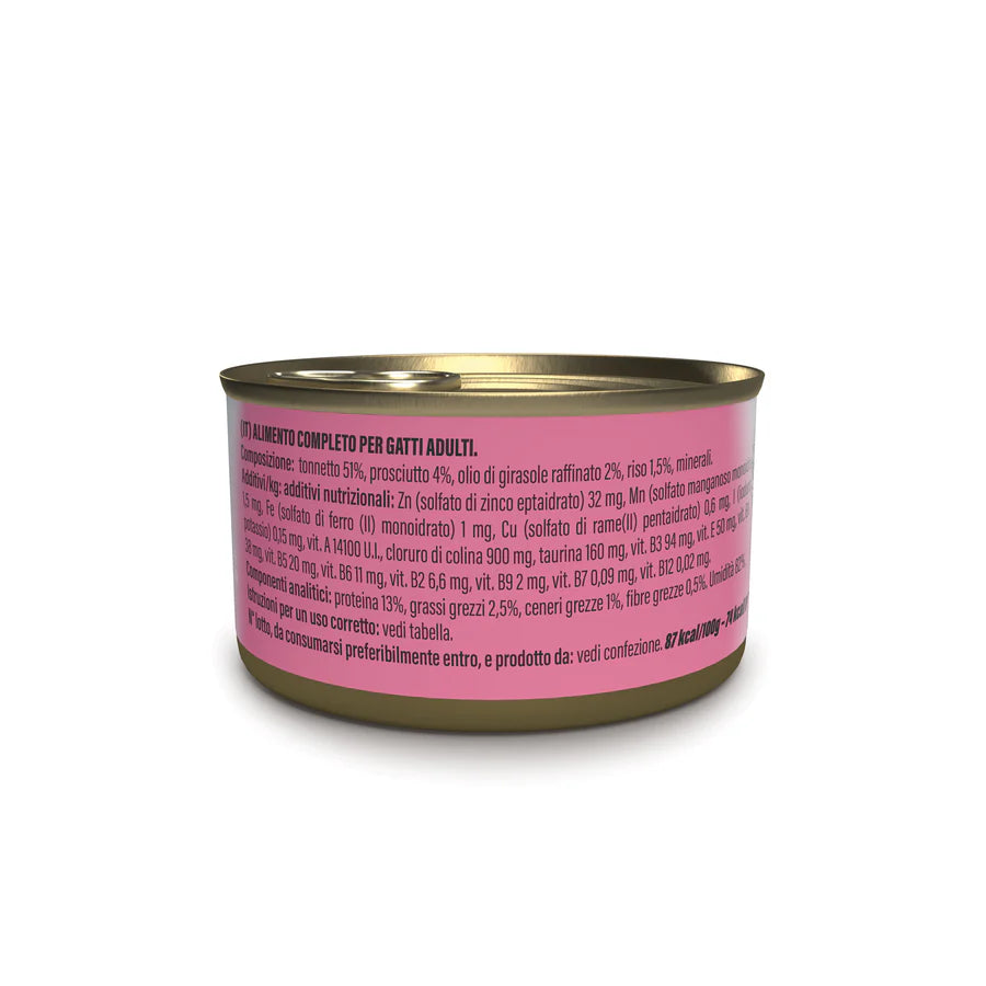 Etichetta laterale Schesir tonnetto con prosciutto 85g, con ingredienti e valori nutrizionali stampati