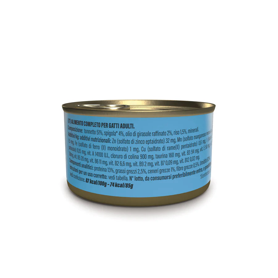 Etichetta laterale Schesir tonnetto spigola 85g, con ingredienti completi e valori analitici