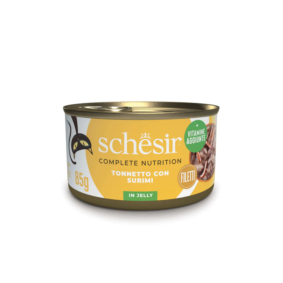 Schesir umido gatto adulto 85g tonnetto con surimi in gelatina, filetti naturali in lattina