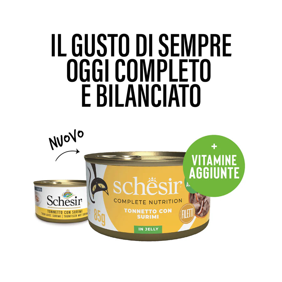 Schesir tonnetto con surimi 85g per gatto adulto, nuova ricetta completa con vitamine aggiunte
