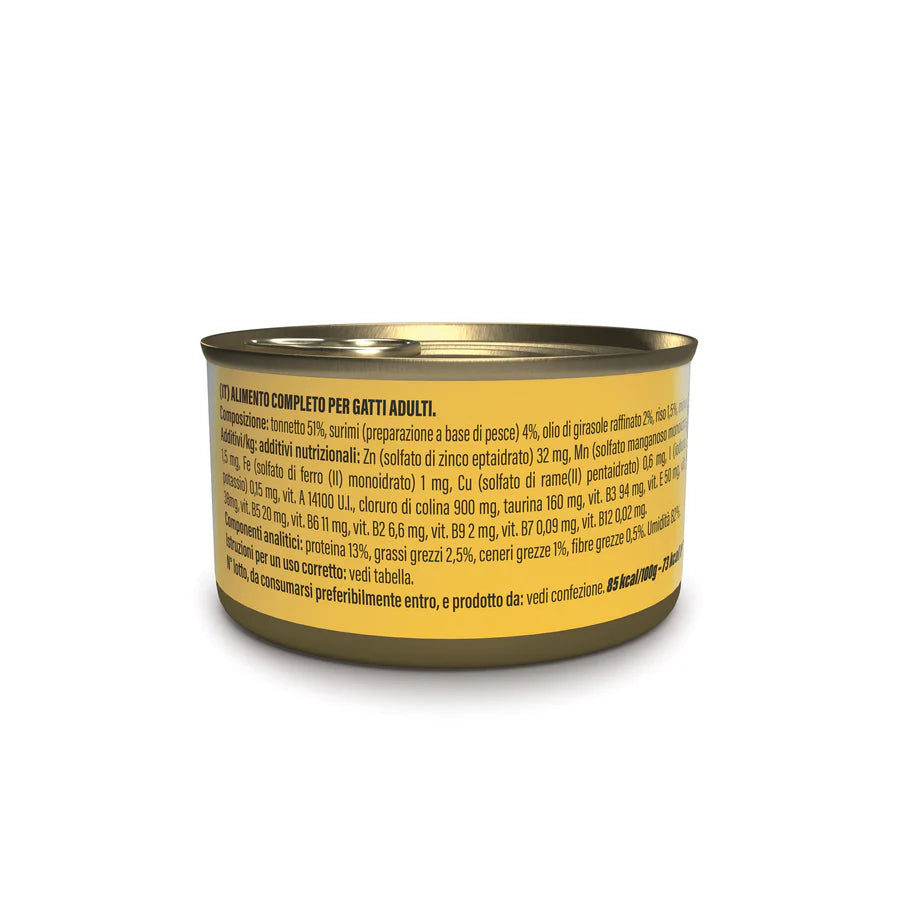 Etichetta Schesir alimento umido 85g tonnetto e surimi per gatto adulto, ingredienti e analisi