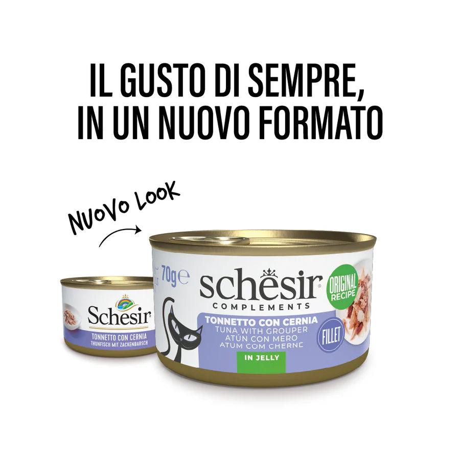 Alimento umido Schesir Tonnetto con Cernia in Gelatina 70 g per gatti adulti