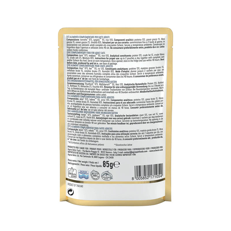 Schesir Tonnetto con Spigola in Gelatina 85g Umido Gatti