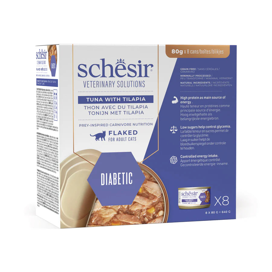 Alimento umido Schesir Diabetic Tonnetto e Tilapia 8x80 g per gatti adulti con diabete