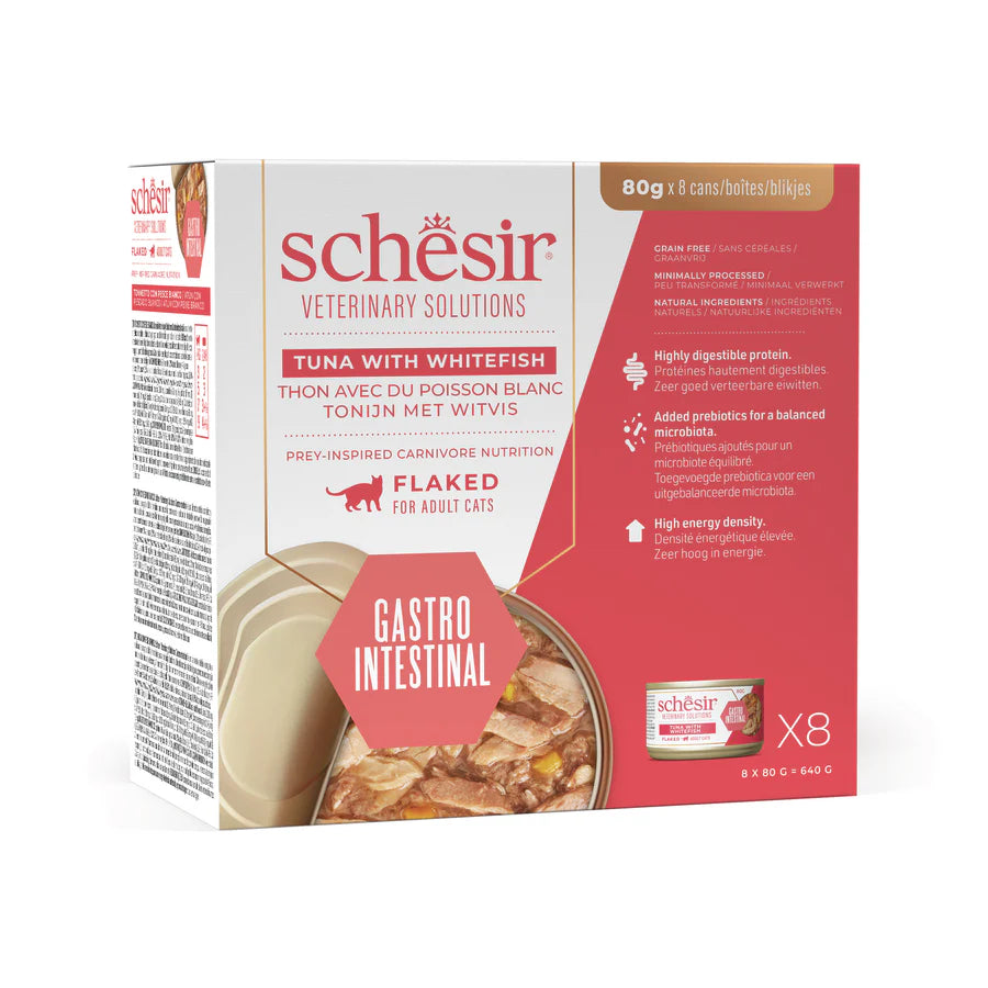 Alimento umido Schesir Gastrointestinal Tonnetto e Pesce Bianco 8x80 g per gatti adulti con disturbi intestinali
