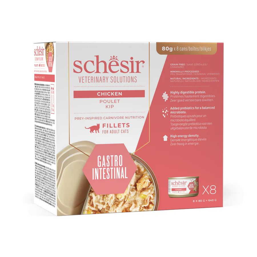 Alimento umido Schesir Gastrointestinal Filetti di Pollo 8x80 g per gatti adulti con disturbi intestinali