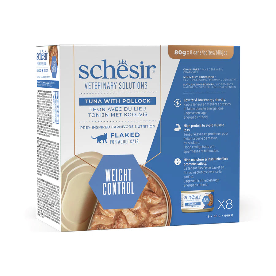 Alimento umido Schesir Weight Control Tonnetto e Merluzzo 8x80 g per gatti adulti in sovrappeso.