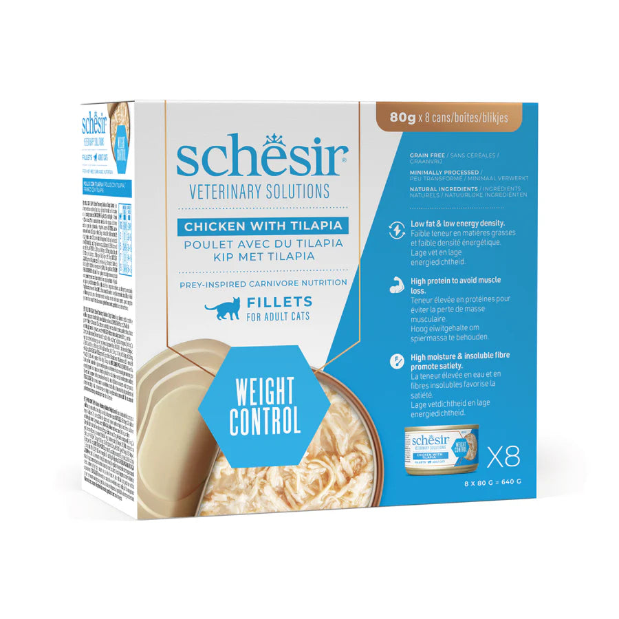 Alimento umido Schesir Weight Control Pollo e Tilapia 8x80 g per gatti adulti in sovrappeso