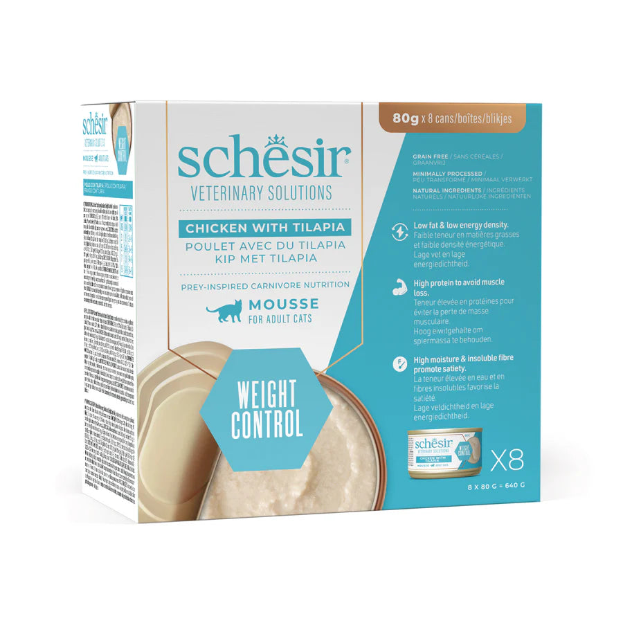 Alimento umido Schesir Weight Control Mousse Pollo e Tilapia 8x80 g per gatti adulti in sovrappeso