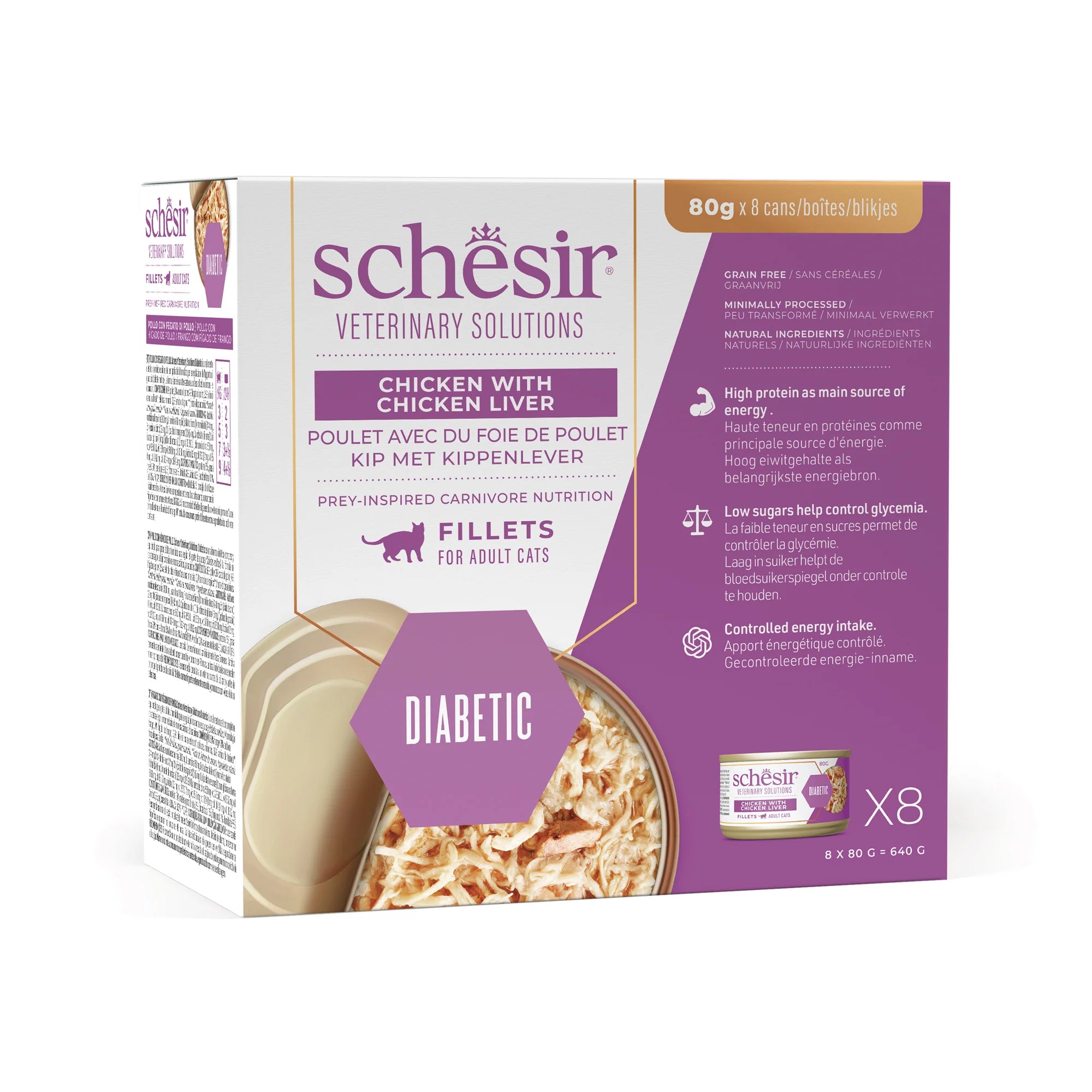 Alimento umido Schesir Veterinary Solution Diabetic 8x80 g pollo e fegato per gatti adulti con diabete