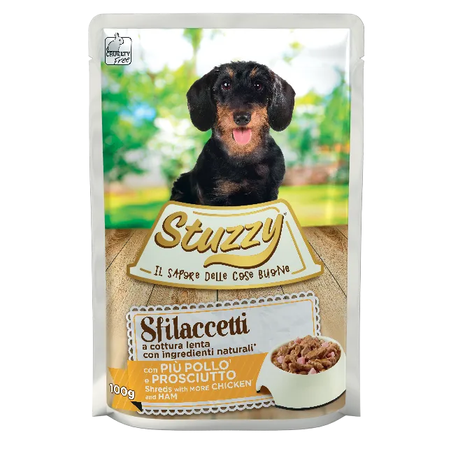 Stuzzy Sfilaccetti Pollo e Prosciutto 100g – Cane Adulto