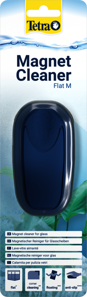 Pulitore magnetico Tetra Magnet Cleaner Flat M confezionato, vista frontale con pittogrammi funzionali