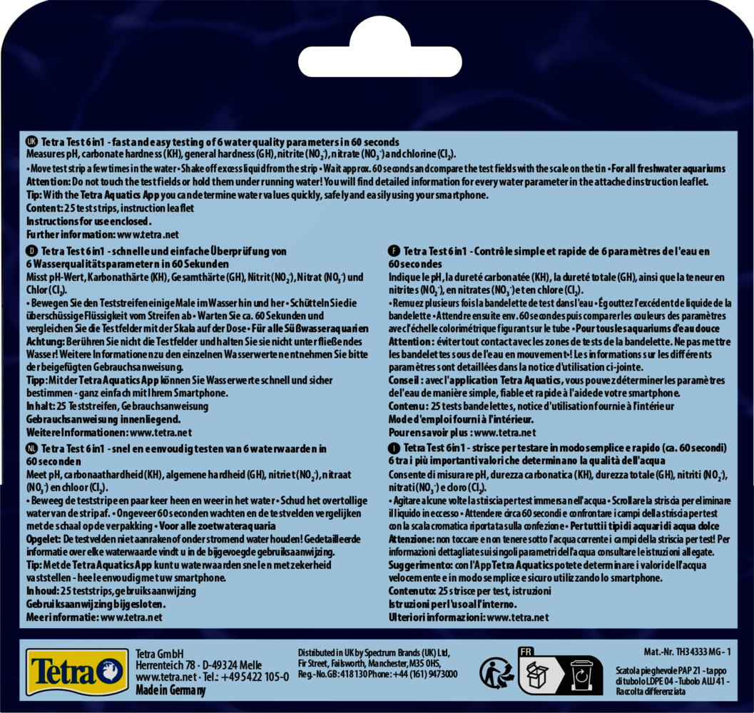 Confezione posteriore Tetra Test 6in1 con istruzioni multilingua per l'uso delle 25 strisce analisi acqua