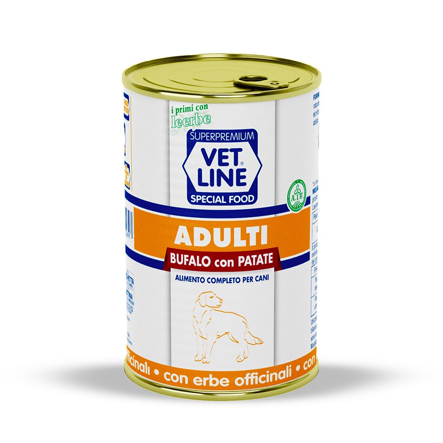 Vet Line umido cane adulto 400g bufalo con patate, alimento completo in lattina con erbe officinali